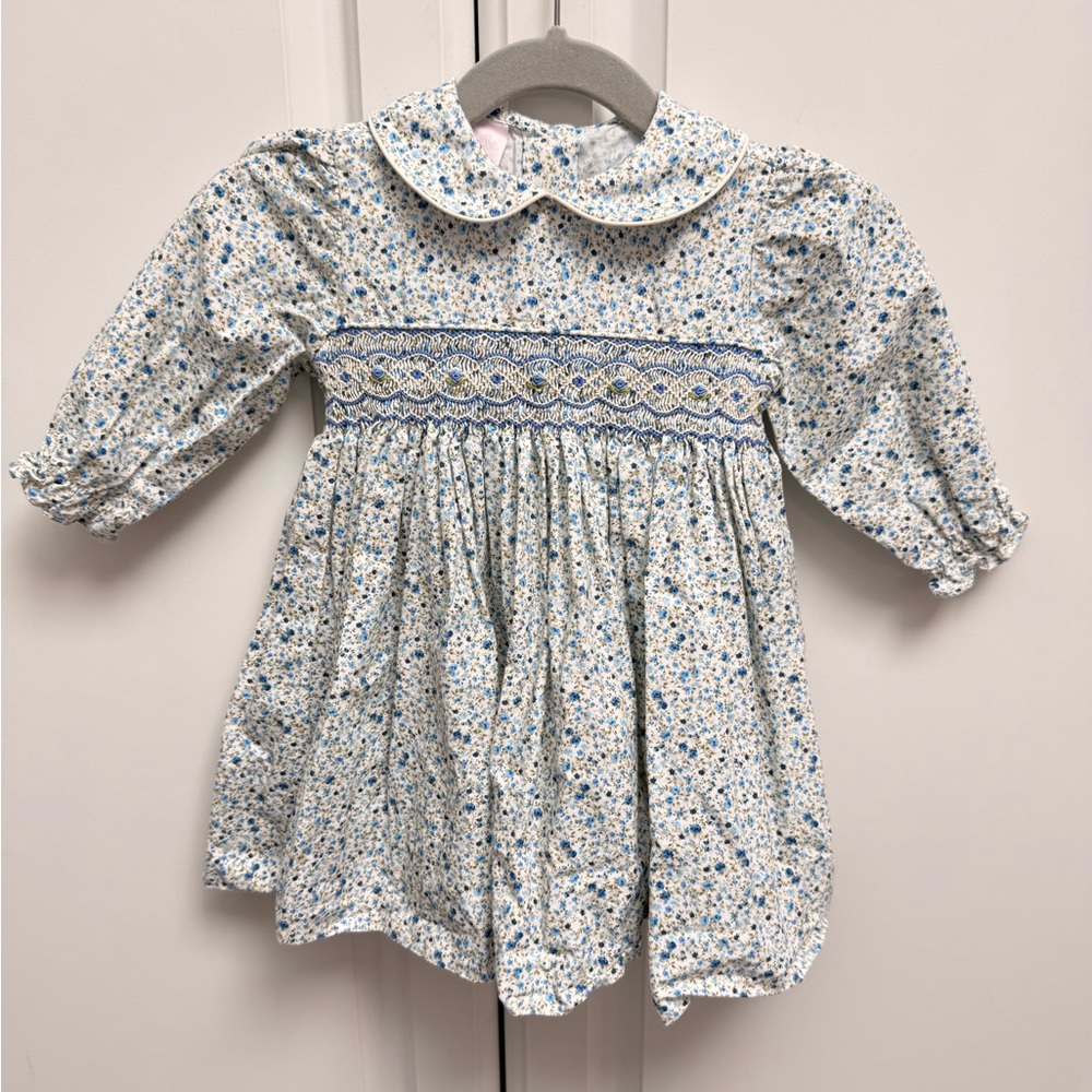 Girls Petit Bebe Blue Floral Smocked Peter Pan Dress
